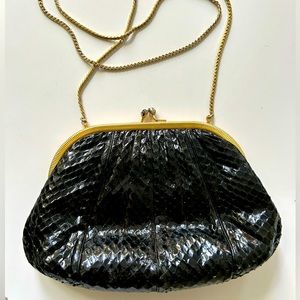 JUDITH LEIBER Ruched Black Snake Skin Evening Clutch Handbag
